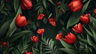 红色郁金香与绿叶的梦幻组合