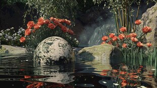 梦幻水景中的花卉与石球