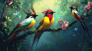 三只彩羽仙鸟栖于繁花枝