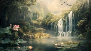 梦幻山水间的静谧瀑布景