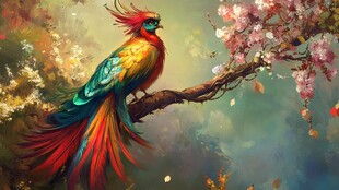 五彩神鸟栖于繁花枝头