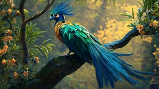 奇幻蓝羽凤栖于繁花枝头