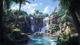 热带丛林中的梦幻瀑布景观