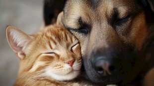 猫狗依偎显温馨时刻