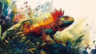 多彩蜥蜴栖息繁茂绿植间