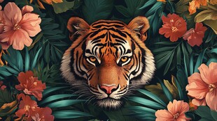 虎卧繁花绿叶间