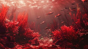 梦幻深海红珊瑚与鱼群