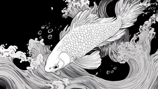 水墨锦鲤跃于翻涌波浪间