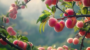 枝头硕果累累的粉嫩桃子