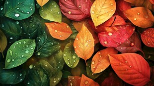 多彩带露秋叶 自然之美