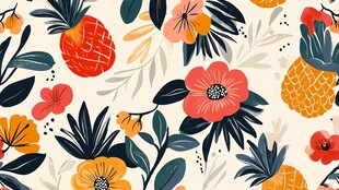 热带花卉与菠萝图案插画