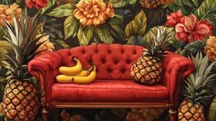 红色沙发上的热带水果装饰