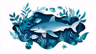 纸艺风鲨鱼的海底世界