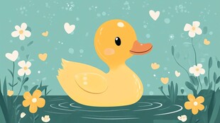 小黄鸭在花丛环绕的水中游