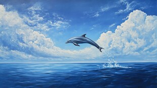 海豚跃出蔚蓝海洋瞬间