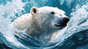 北极熊畅游于蓝色水波间