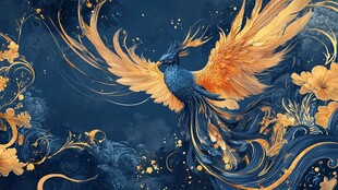 金羽凤凰于华丽背景中翱翔