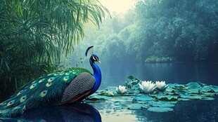 湖畔孔雀伴睡莲的自然景致