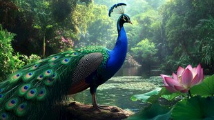 孔雀立于荷塘畔的自然美