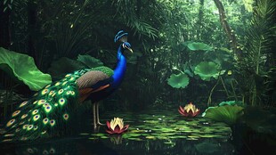 孔雀漫步于雨林池塘边