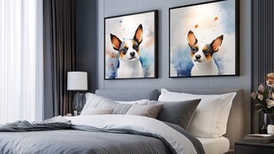 简约卧室中可爱狗狗挂画