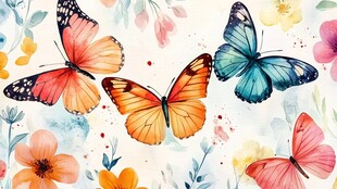 水彩蝴蝶花卉梦幻图案