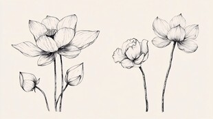 手绘莲花花卉线稿图案