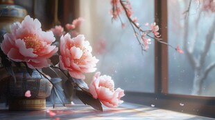 窗边绽放的娇艳粉色花朵