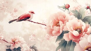 花鸟图 枝头雀与粉艳牡丹