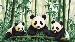 竹林中的三只可爱大熊猫