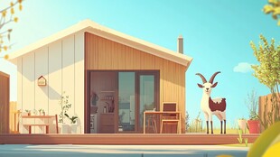 小屋旁的可爱山羊田园景象