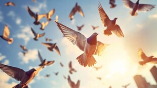 群鸽翱翔于蓝天阳光之下