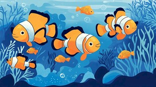 海洋中的可爱小丑鱼群