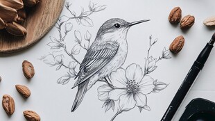 手绘小鸟花卉图 坚果相伴