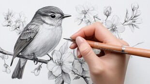 手绘小鸟与花卉绘画过程