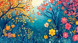 梦幻绚丽的森林花卉景观