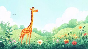 长颈鹿漫步多彩花草间