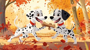 秋日斑点狗欢乐抢骨头