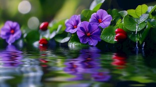 紫花红果映于水面美景