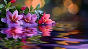 娇艳花朵倒映在波光水面