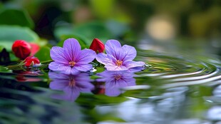 水面绽放的紫花与红荷