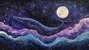 月夜下遨游的梦幻鲸鱼