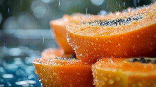 水珠滴落在新鲜木瓜切片上