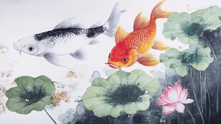 水墨锦鲤戏荷图