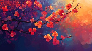 绚烂红梅绽放梦幻背景