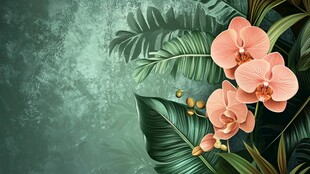 粉色兰花与热带绿叶背景