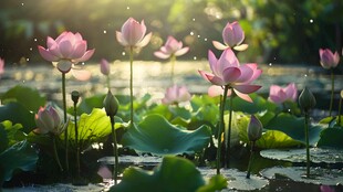 夏日荷塘绽放的粉嫩荷花