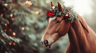 头戴圣诞花环的优雅骏马