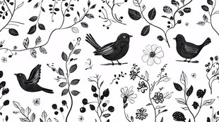 黑白花鸟植物无缝图案