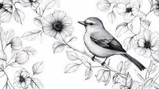 枝头小鸟伴繁花黑白画